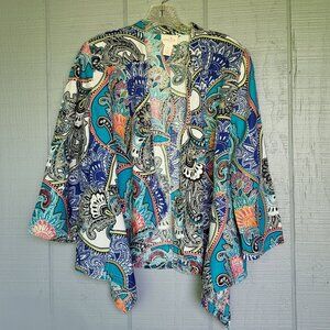 Chico's 100% Linen Women's Paisley Pattern Open Front Kimono Cardigan. Size M